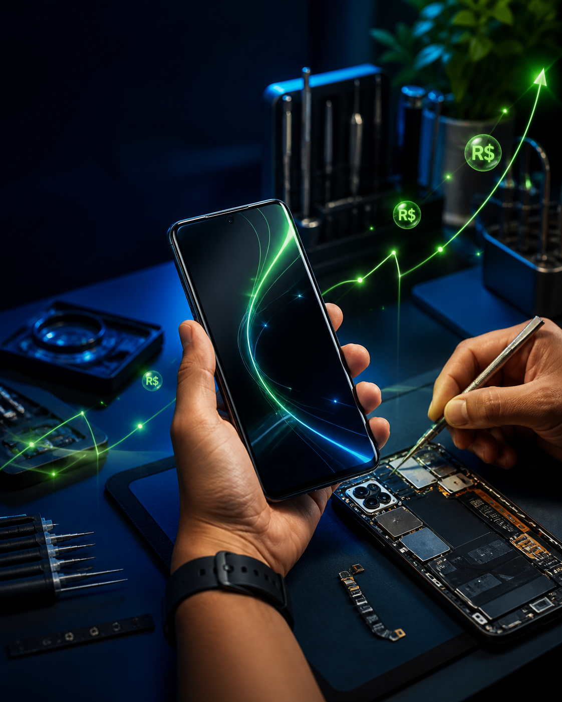 Técnico trabalhando em uma bancada com celulares e ferramentas de reparo