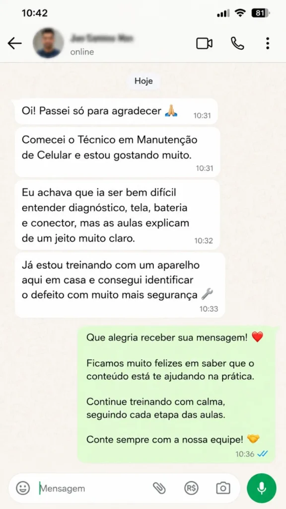 Depoimento de aluno do curso de manutenção de celulares
