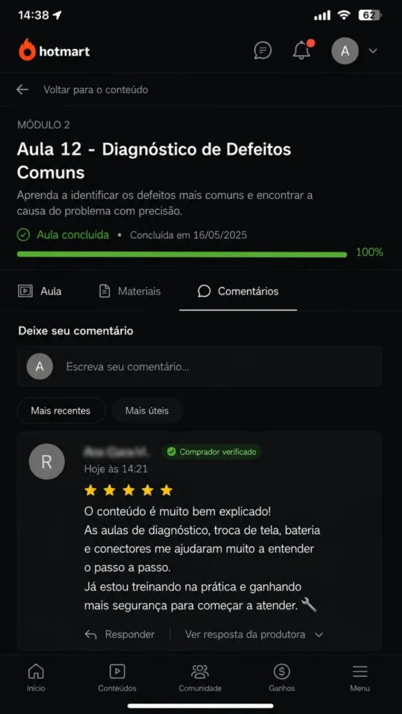 Depoimento de aluno do curso de manutenção de celulares