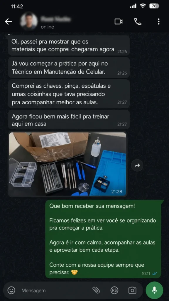 Depoimento de aluno do curso de manutenção de celulares